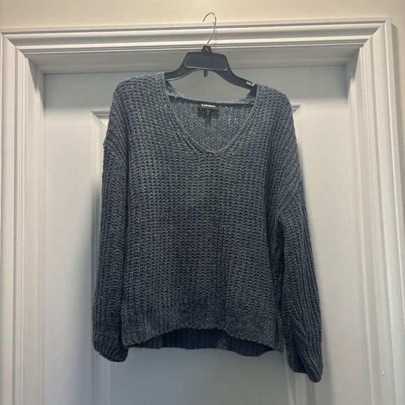 Express Dusty Blue Chenille Oversized V Neck Sweater - Picture 2 of 7